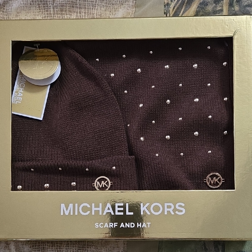 Michael Kors Chocolate Studded Scarf and Hat